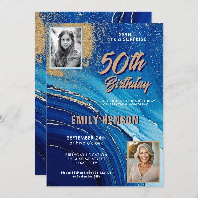 Blue Gold Marble Glitter 2 Photo 50th Birthday Invitation (Front/Back)