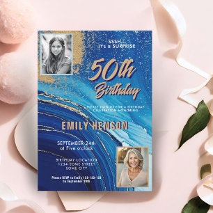 Blue Gold Marble Glitter 2 Photo 50th Birthday Invitation