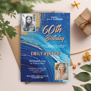 Blue Gold Marble Glitter 2 Photo 60th Birthday Invitation