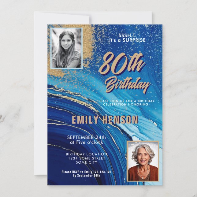 Blue Gold Marble Glitter 2 Photo 80th Birthday Invitation (Front)
