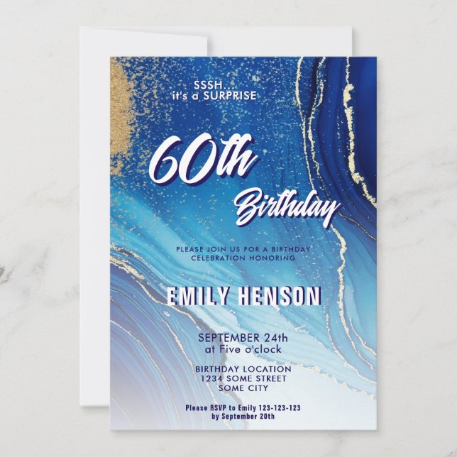 Blue Gold Marble Glitter 60th Birthday Invitation (Front)