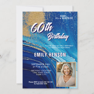Blue Gold Marble Glitter Photo 60th Birthday Invitation
