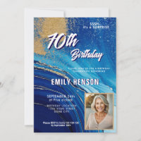 Blue Gold Marble Glitter Photo 70th Birthday