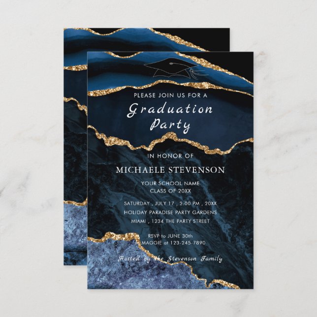 Blue Gold Marble Graduation Invitation Template (Front/Back)