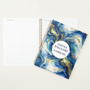 Blue Gold Marble Luxury Abstract Fluid Art Pattern Planner