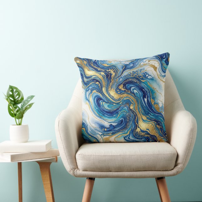 Blue Gold Marble Luxury Decor Fluid Art Pattern Cushion (Chair)