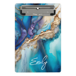 Blue Gold Marble Personalised Script Name Mini Clipboard