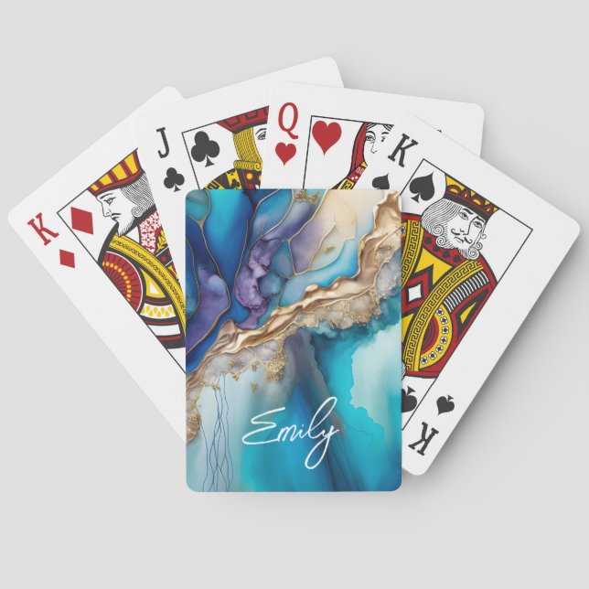 Blue Gold Marble Personalised Script Name Playing Cards (Back)