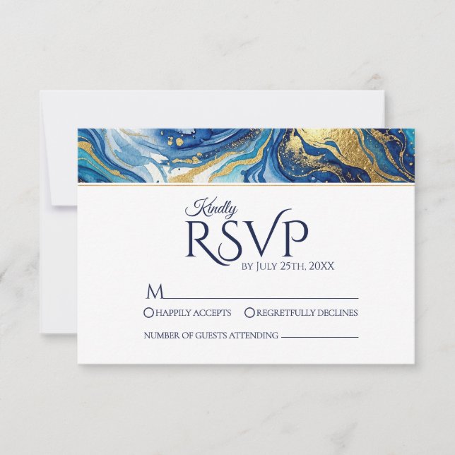 Blue Gold Marble RSVP Elegant Wedding Response (Front)