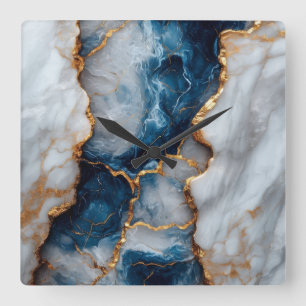 Blue & Gold Marble Square Wall Clock