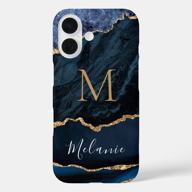 Blue Gold Marble Your Letter Name iPhone Case (Back)