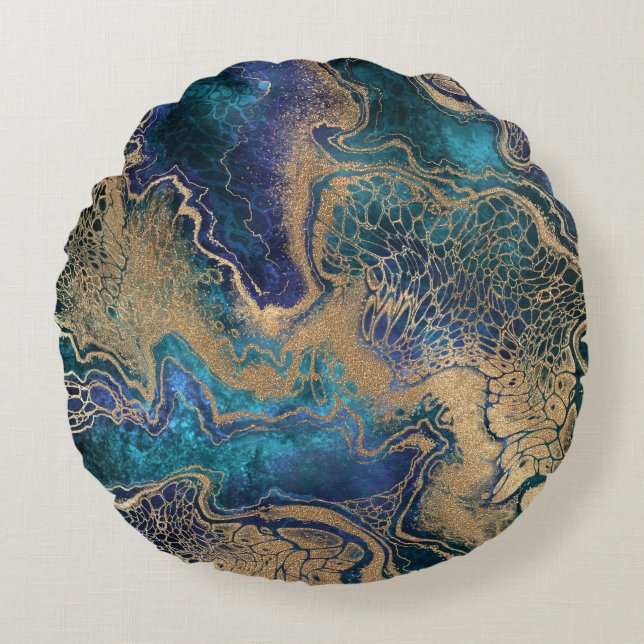 Blue-gold marbling: abstract background. round cushion (Front)