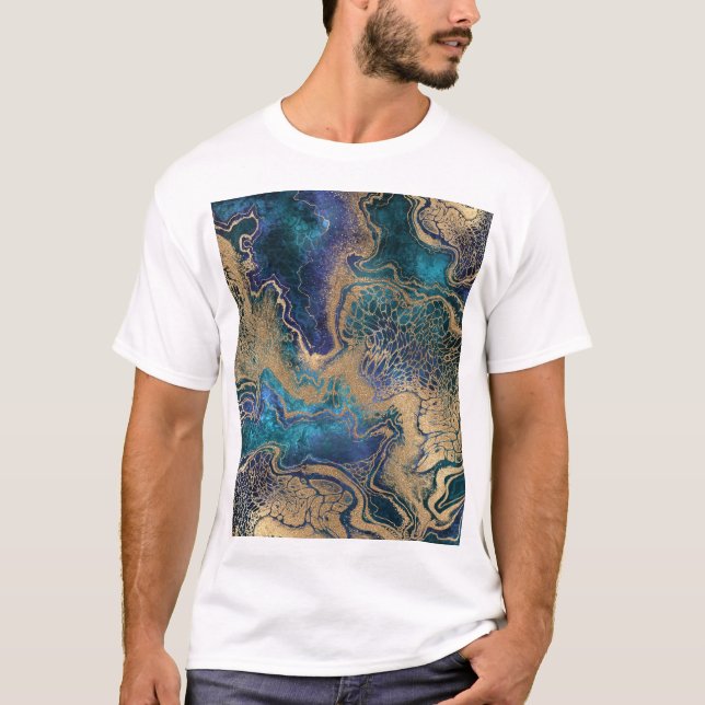 Blue-gold marbling: abstract background. T-Shirt (Front)