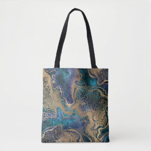 Blue-gold marbling: abstract background. tote bag