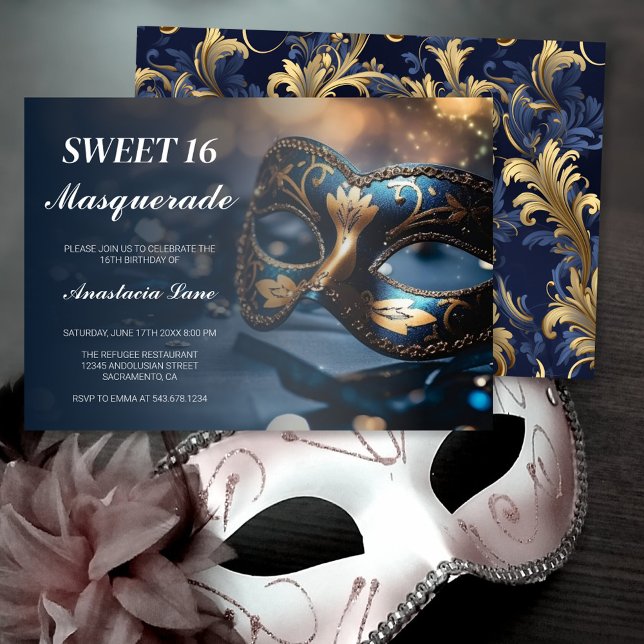 Blue Gold Masquerade Birthday  Invitation (Creator Uploaded)