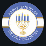 Blue | Gold  Menorah Happy Hanukkah Classic Round  Classic Round Sticker<br><div class="desc">Gold and silver tone Menorah with Blue lit candles and golden Star of David "Happy Hanukkah" original design by Holiday Hearts Designs (all rights reserved).</div>