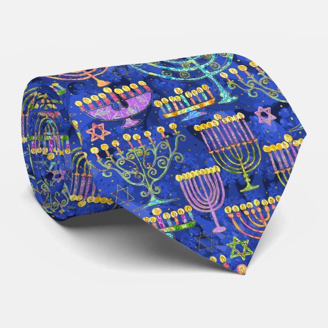 Blue Gold Menorah Star of David Hanukkah Pattern Tie (Rolled)