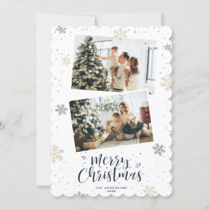 Blue Gold Merry Christmas 2 Photo Holiday Card