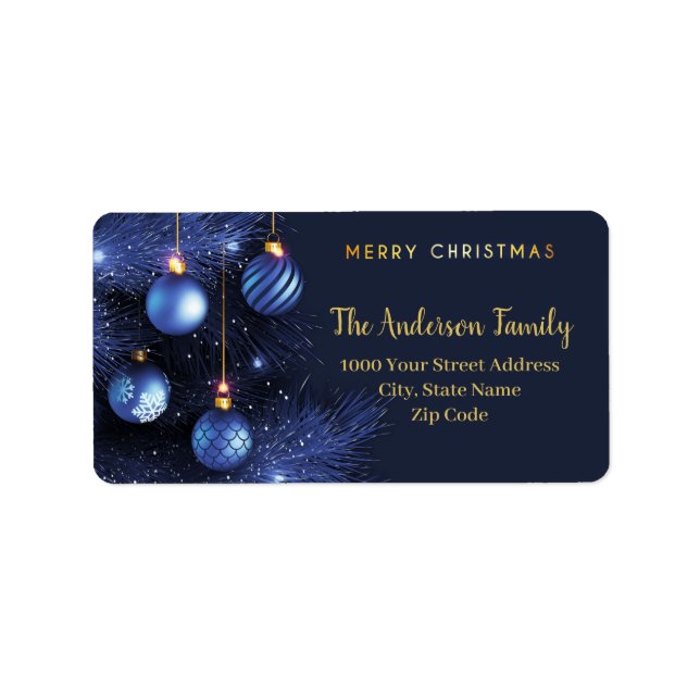 Blue Gold Merry Christmas Address Label (Front)