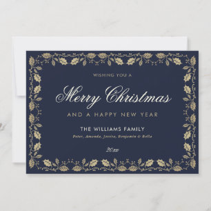 Blue Gold Merry Christmas Happy New Year Card