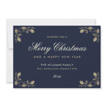 Blue Gold Merry Christmas Happy New Year Card