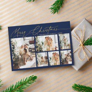 Blue Gold Merry Christmas Script Photo Collage Holiday Card