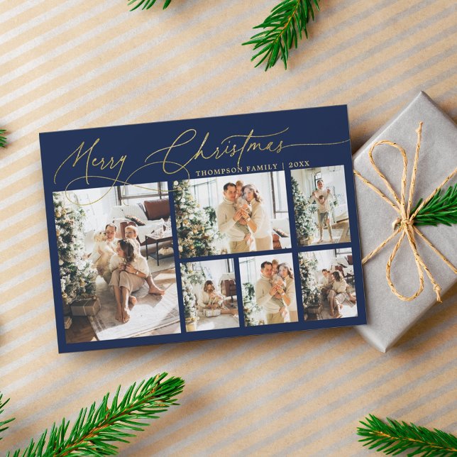 Blue Gold Merry Christmas Script Photo Collage Holiday Card (Creator Uploaded)