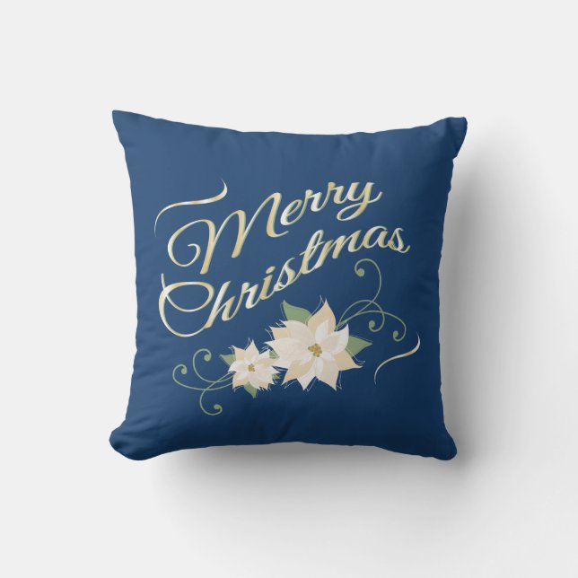Blue & Gold Merry Christmas & White Poinsettias Cushion (Front)