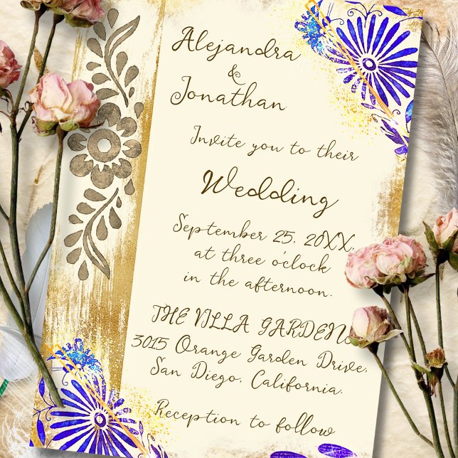 Blue & Gold Mexican Otomi Baroque Elegant Wedding Invitation (A luminous Baroque design blending cobalt blooms and rustic textures for a timeless invitation.)