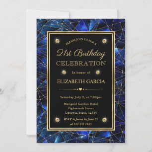 Blue & Gold Midnight Crystal Galaxy 21st Birthday Invitation