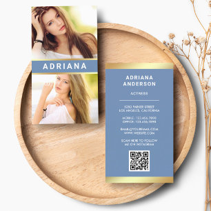 Blue Gold Model Actress QR Code 2 Photo Collage Business Card