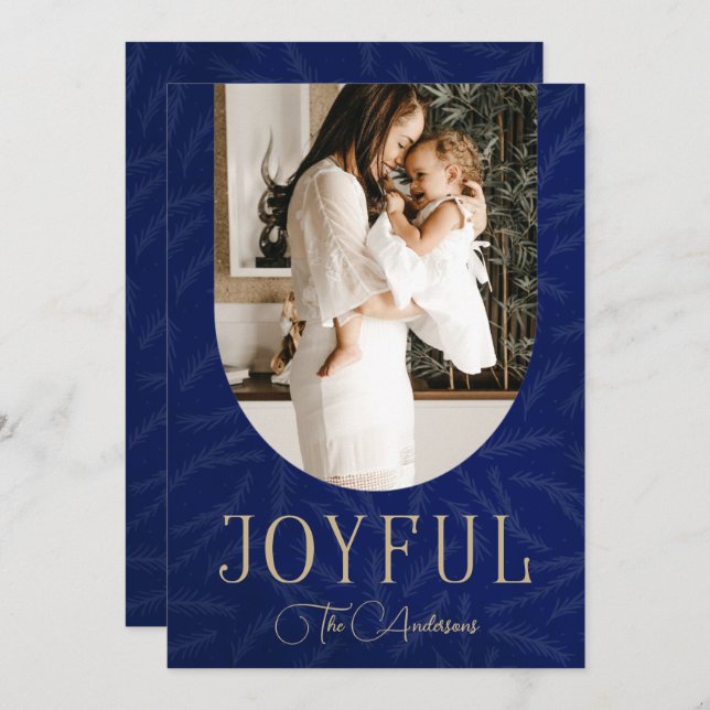 Blue Gold Modern Botanical Arch Joyful Photo  Holiday Card (Front/Back)