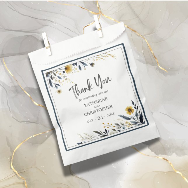 Blue Gold Modern Elegant Floral Wedding Favour Bags (Blue Yellow Wildflower Floral Elegant Wedding Favor Thank You Bag.)