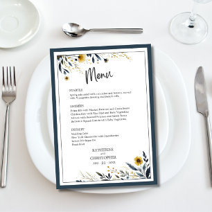 Blue Gold Modern Elegant Floral Wedding Menu