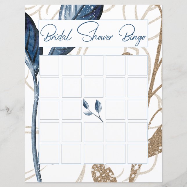 Blue Gold Modern Floral Elegant Bridal Bingo (Front)
