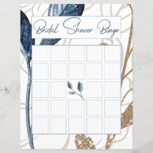 Blue Gold Modern Floral Elegant Bridal Bingo