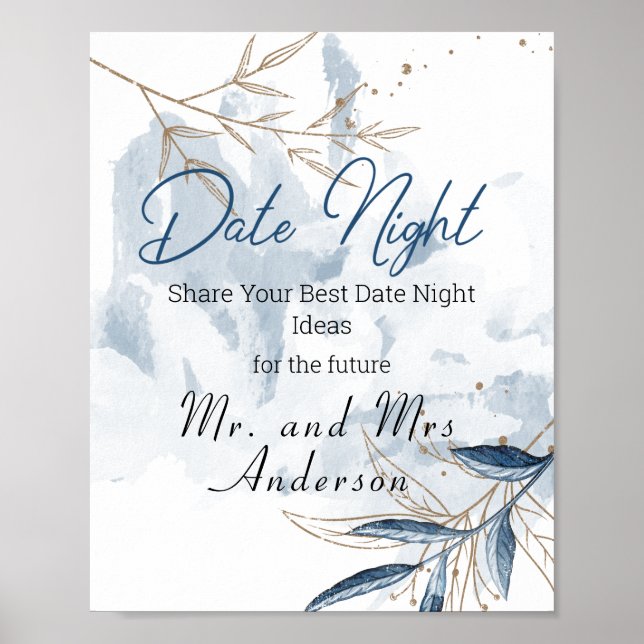 Blue Gold Modern Floral Elegant Date Night Sign (Front)