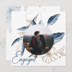 Blue Gold Modern Floral Elegant Glitter Engagement