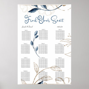 Blue Gold Modern Floral Elegant Seating Chart