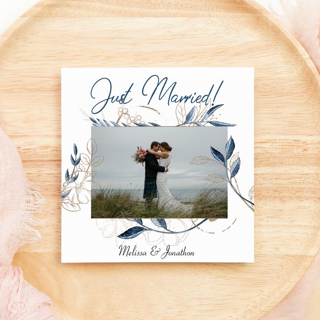 Blue Gold Modern Floral Elegant Wedding Announcement (Creator Uploaded)