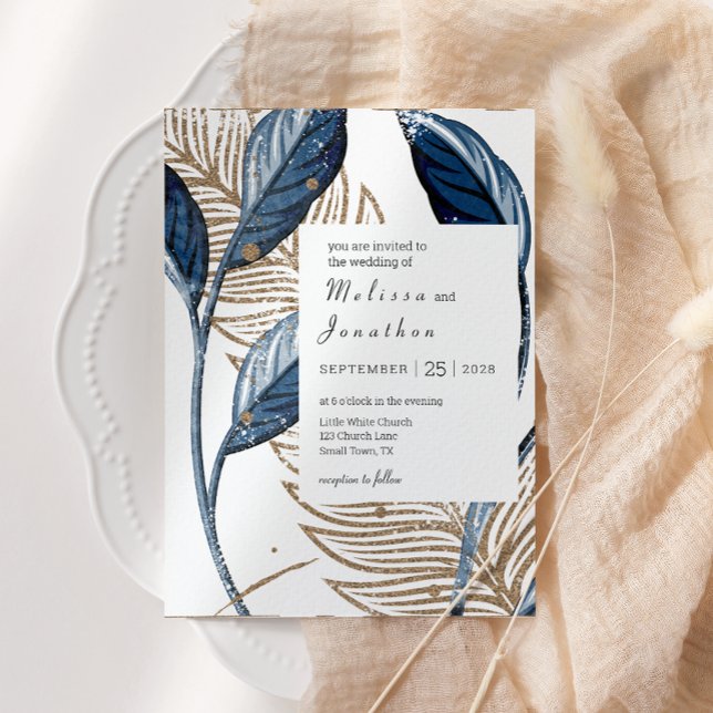 Blue Gold Modern Floral Elegant Wedding Invitation (Creator Uploaded)