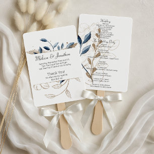 Blue Gold Modern Floral Elegant Wedding Program Hand Fan