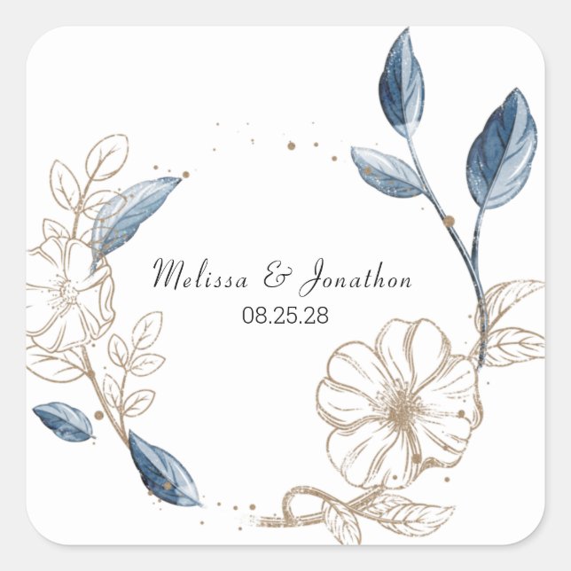 Blue Gold Modern Floral Elegant Wedding Square Sticker (Front)