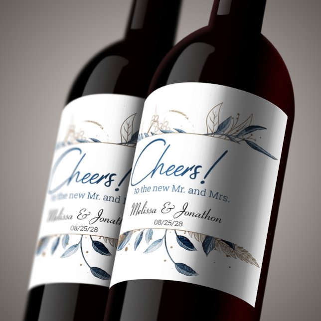 Blue Gold Modern Floral Elegant Wedding Wine Label (Creator Uploaded)