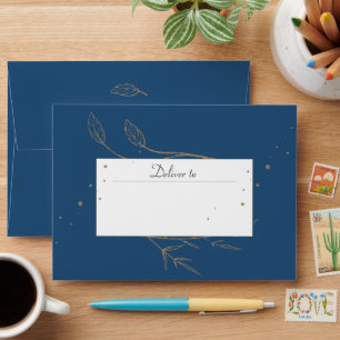 Blue Gold Modern Floral Wedding Invite Envelope
