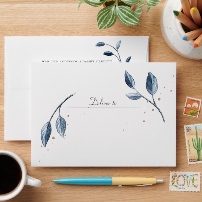Blue Gold Modern Floral Wedding Invite Envelope (Desk)