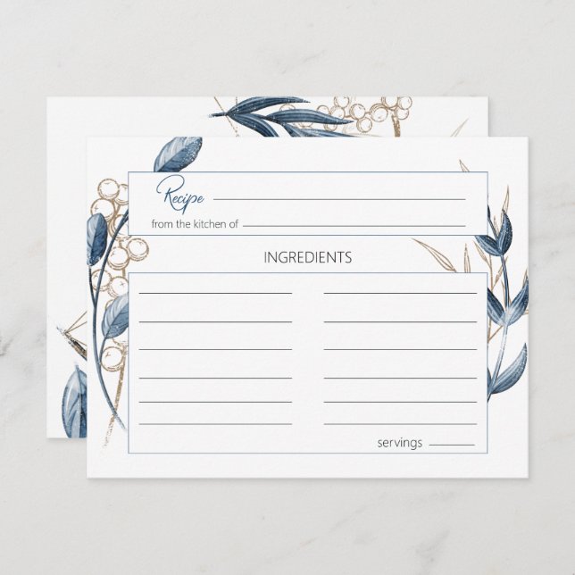 Blue Gold Modern Floral Wedding Recipe Card (Front/Back)