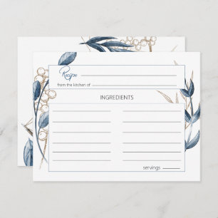 Blue Gold Modern Floral Wedding Recipe Card