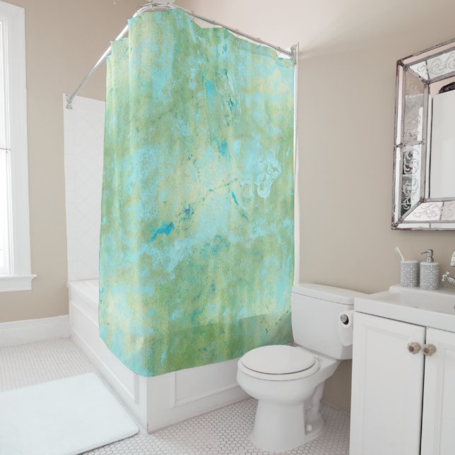 Blue & Gold Modern Marbled Abstract Marble Splash Shower Curtain (In Situ)