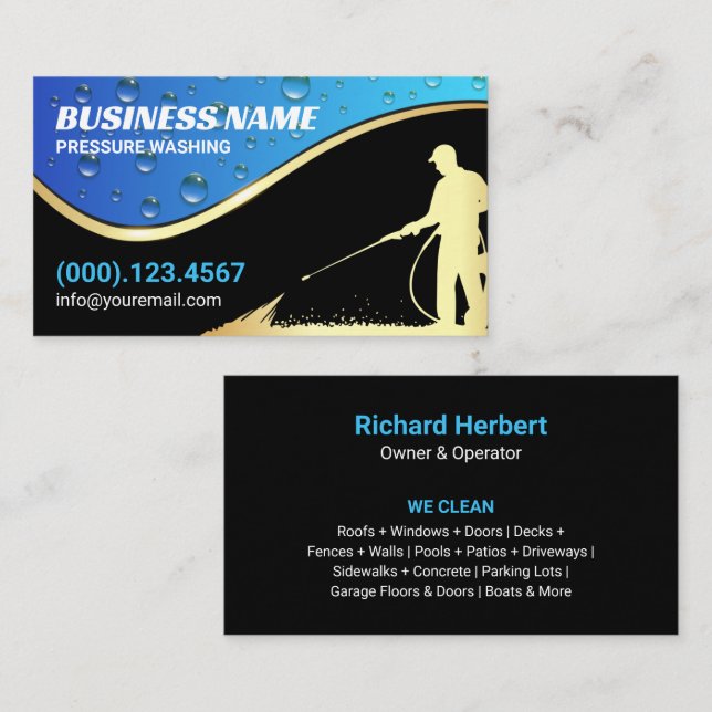 Blue Gold Modern Pressure Washing Cleaning Business Card (Front/Back)